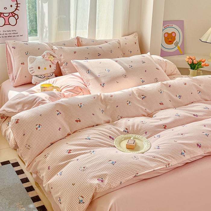 91家纺网 家纺一手货源 找家纺 斯卡诺家纺 2026新款春夏古法水洗仿棉云感纱四件套小布袋五件套 凯蒂猫