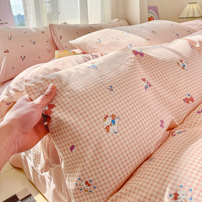 斯卡诺家纺 2026新款春夏古法水洗仿棉云感纱四件套小布袋五件套 凯蒂猫