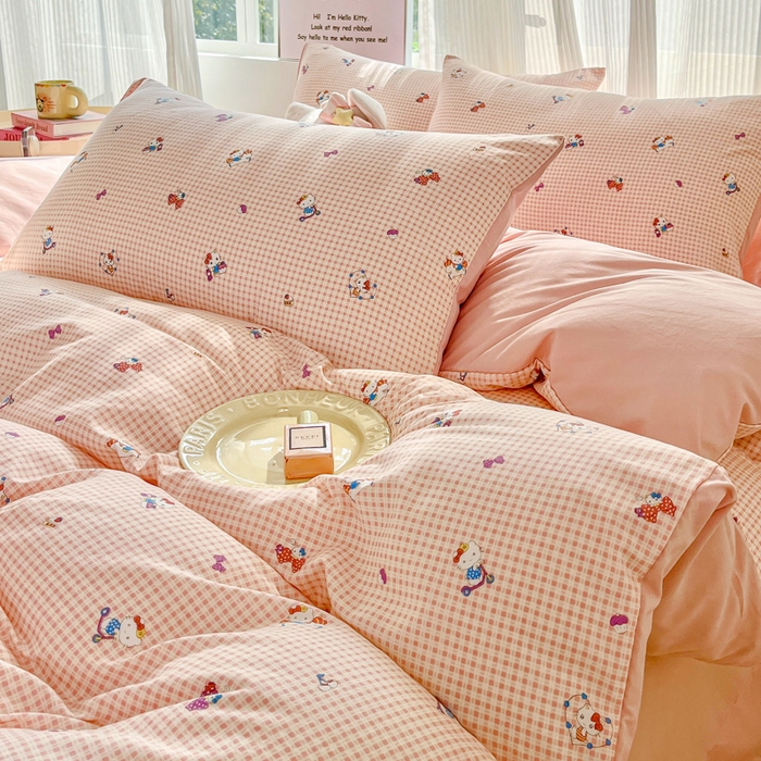 91家纺网 家纺一手货源 找家纺 斯卡诺家纺 2026新款春夏古法水洗仿棉云感纱四件套小布袋五件套 凯蒂猫