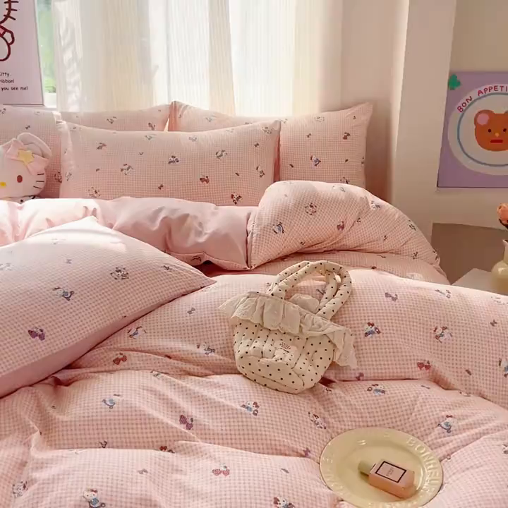 91家纺网 家纺一手货源 找家纺 斯卡诺家纺 2026新款春夏古法水洗仿棉云感纱四件套小布袋五件套 凯蒂猫