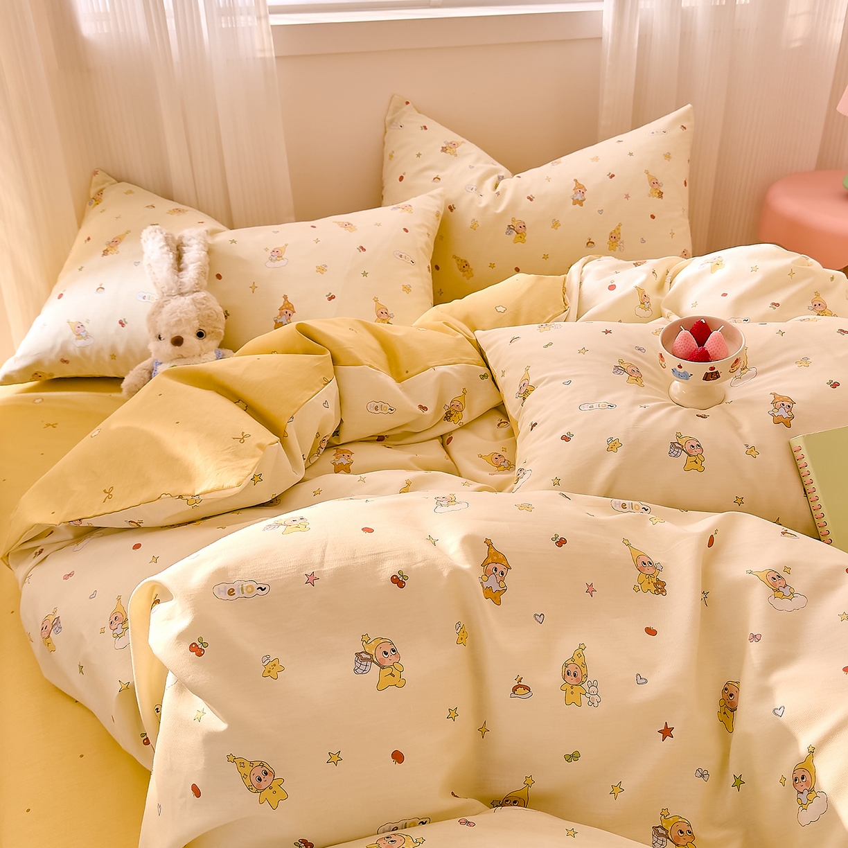 91家纺网 家纺一手货源 找家纺 DoDo 兜兜 2026春夏新款全棉纯棉可爱卡通四件套 可爱星人-白