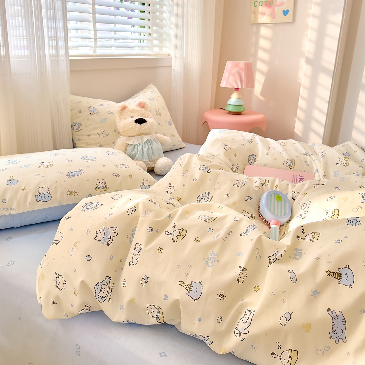 91家纺网 家纺一手货源 找家纺 DoDo 兜兜 2026春夏新款全棉纯棉可爱卡通四件套 机灵猫