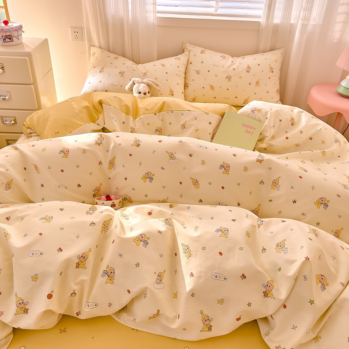 91家纺网 家纺一手货源 找家纺 DoDo 兜兜 2026春夏新款全棉纯棉可爱卡通四件套 可爱星人-白