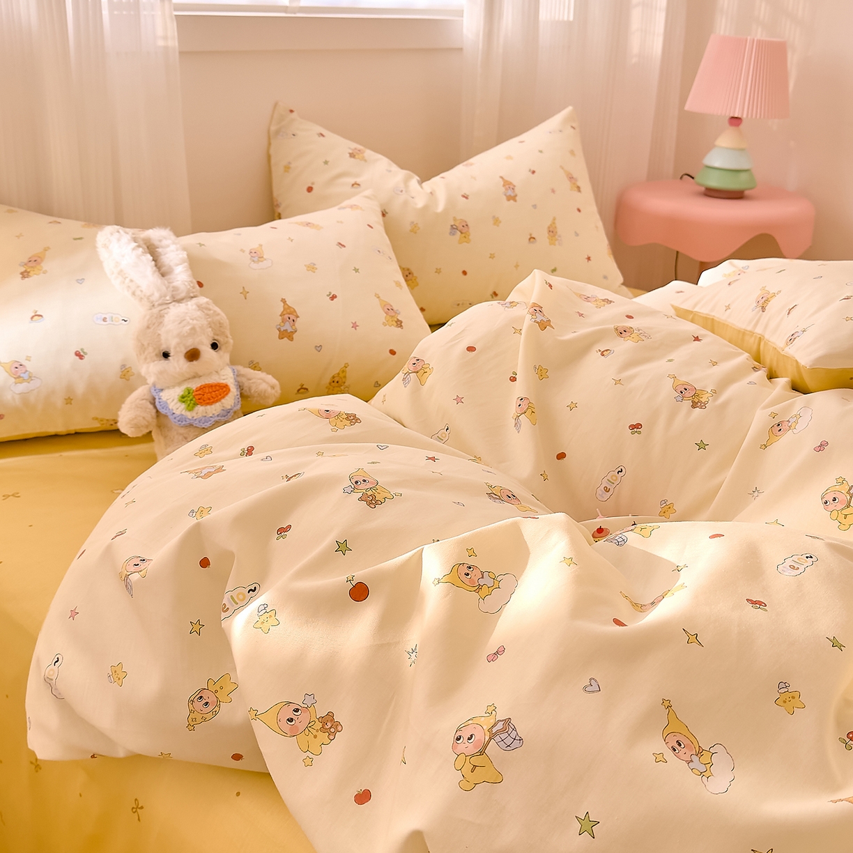 91家纺网 家纺一手货源 找家纺 DoDo 兜兜 2026春夏新款全棉纯棉可爱卡通四件套 可爱星人-白