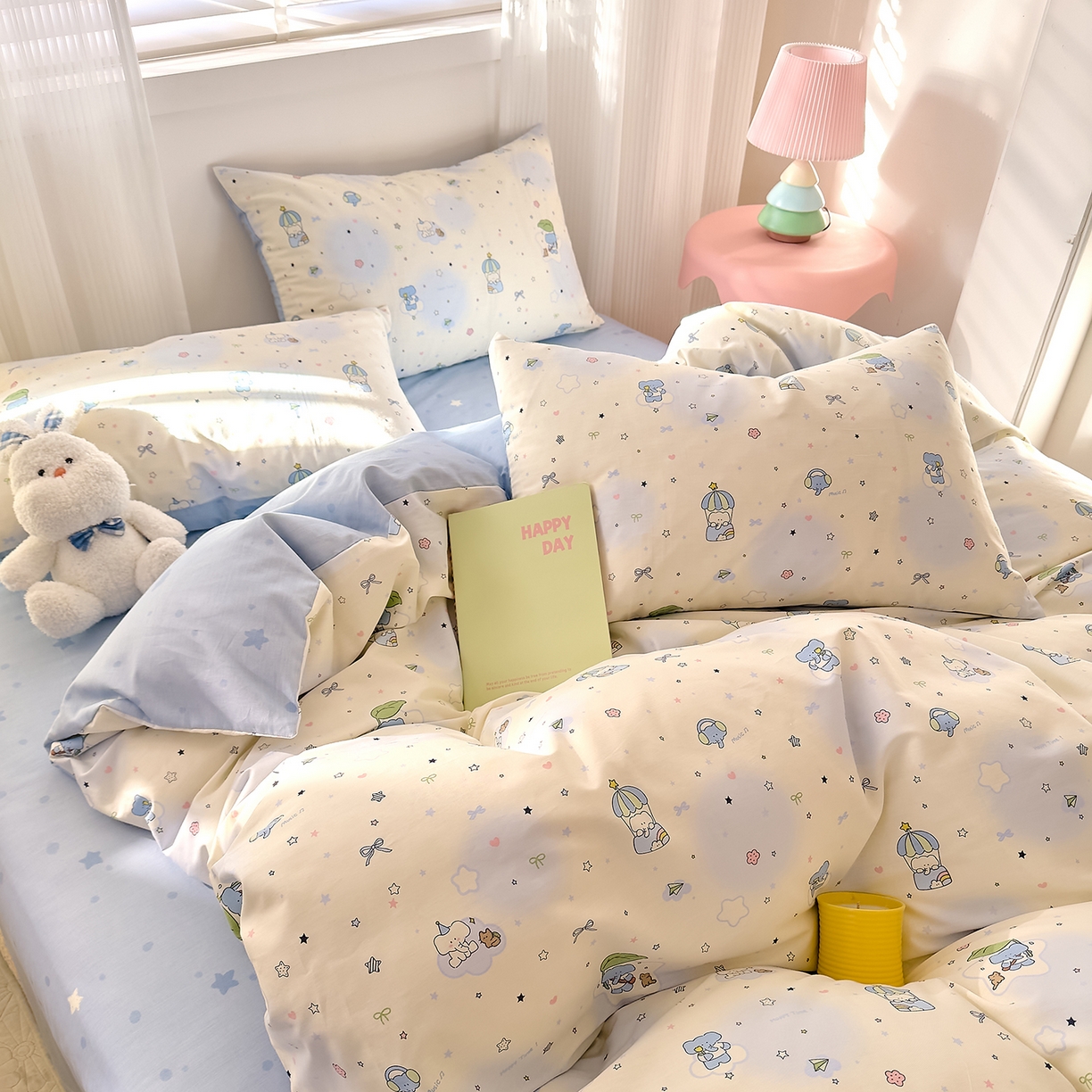 91家纺网 家纺一手货源 找家纺 DoDo 兜兜 2026春夏新款全棉纯棉可爱卡通四件套 蓝色小象