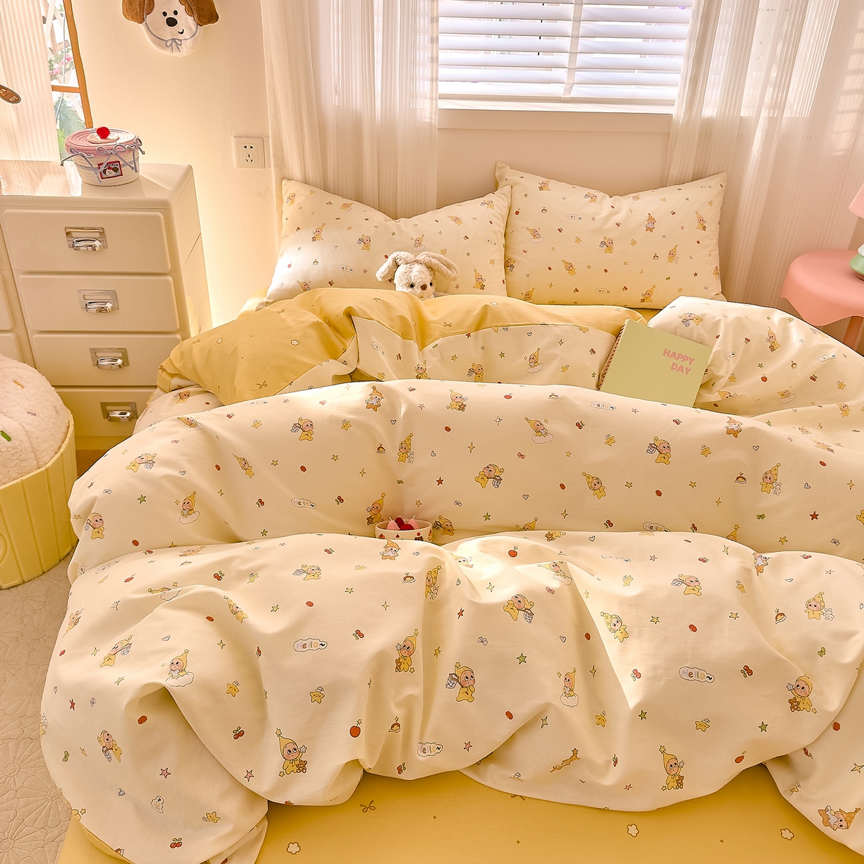 91家纺网 家纺一手货源 找家纺 DoDo 兜兜 2026春夏新款全棉纯棉可爱卡通四件套 可爱星人-白