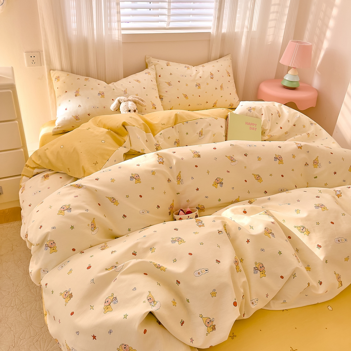 91家纺网 家纺一手货源 找家纺 DoDo 兜兜 2026春夏新款全棉纯棉可爱卡通四件套 可爱星人-白