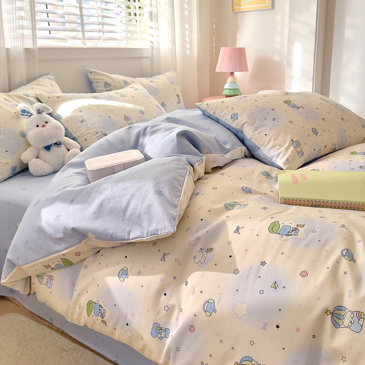 91家纺网 家纺一手货源 找家纺 DoDo 兜兜 2026春夏新款全棉纯棉可爱卡通四件套 蓝色小象