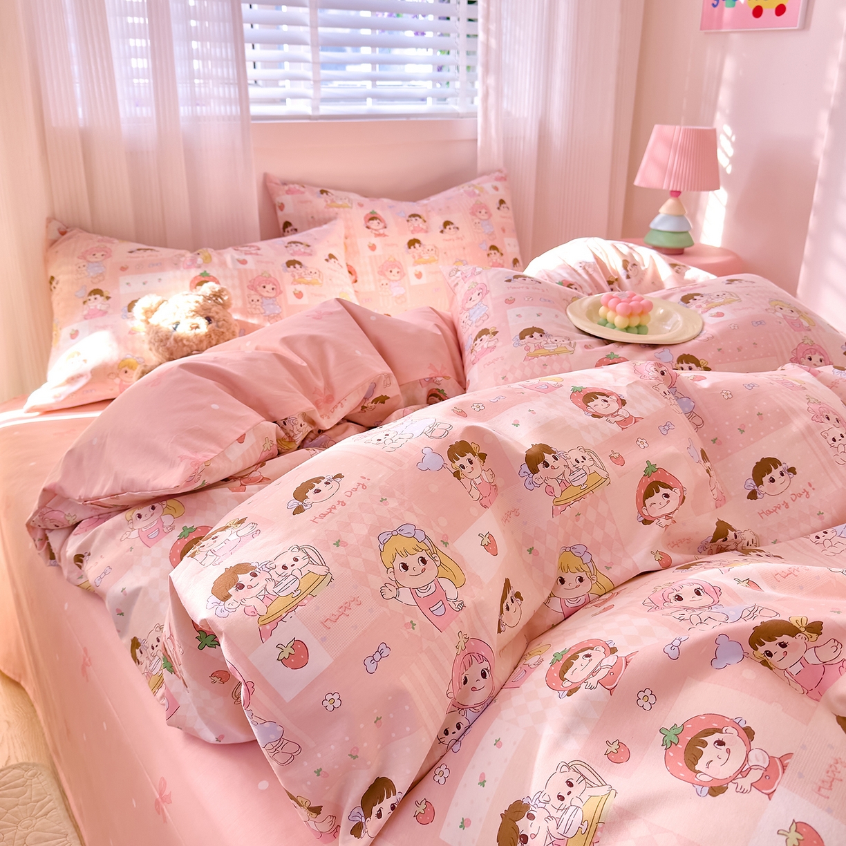 91家纺网 家纺一手货源 找家纺 DoDo 兜兜 2026春夏新款全棉纯棉可爱卡通四件套 棒棒糖女孩