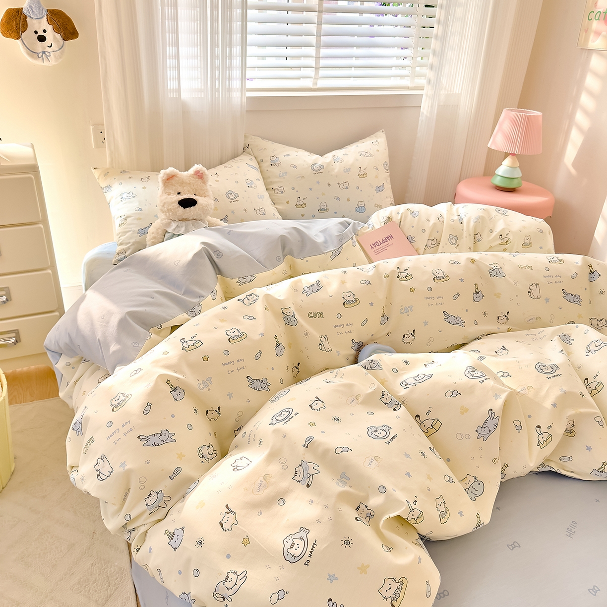 91家纺网 家纺一手货源 找家纺 DoDo 兜兜 2026春夏新款全棉纯棉可爱卡通四件套 机灵猫