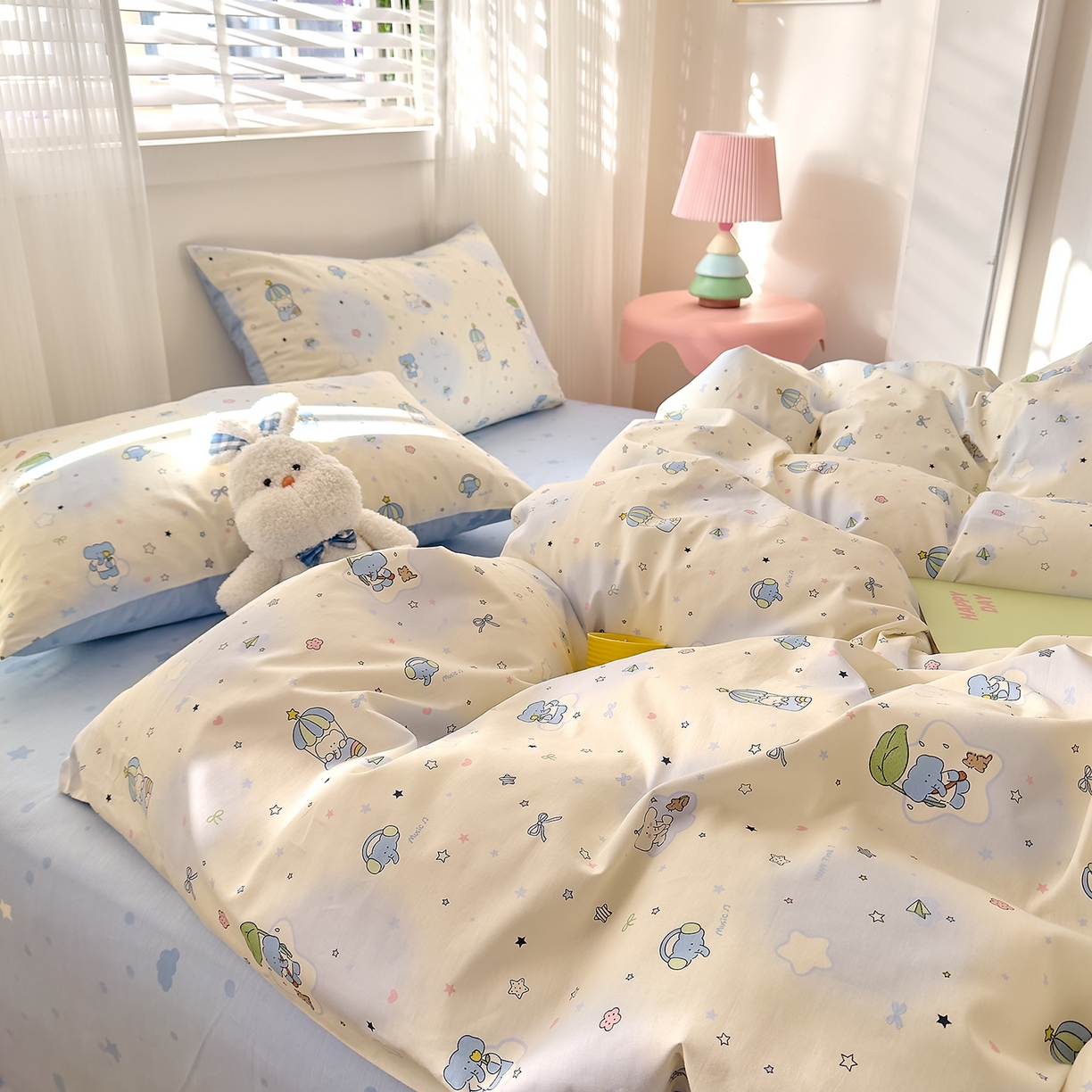 91家纺网 家纺一手货源 找家纺 DoDo 兜兜 2026春夏新款全棉纯棉可爱卡通四件套 蓝色小象