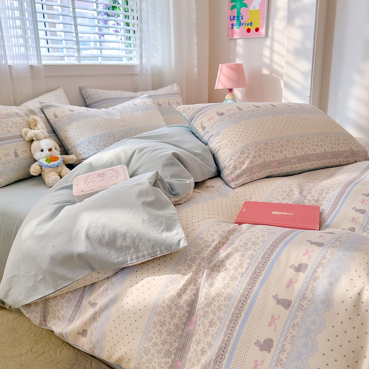 91家纺网 家纺一手货源 找家纺 DoDo 兜兜 2026春夏新款全棉纯棉可爱卡通四件套 薄荷小兔