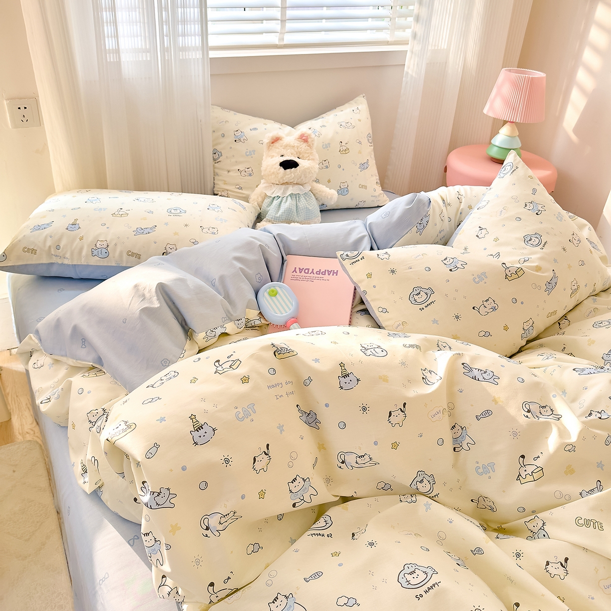 91家纺网 家纺一手货源 找家纺 DoDo 兜兜 2026春夏新款全棉纯棉可爱卡通四件套 机灵猫