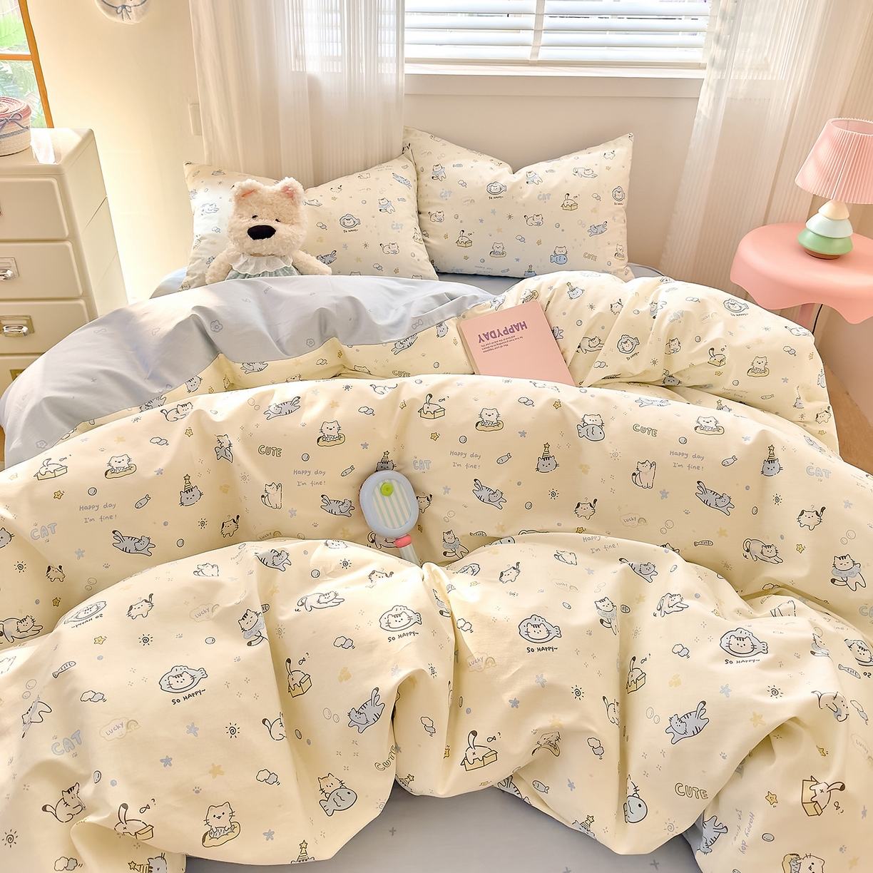 91家纺网 家纺一手货源 找家纺 DoDo 兜兜 2026春夏新款全棉纯棉可爱卡通四件套 机灵猫