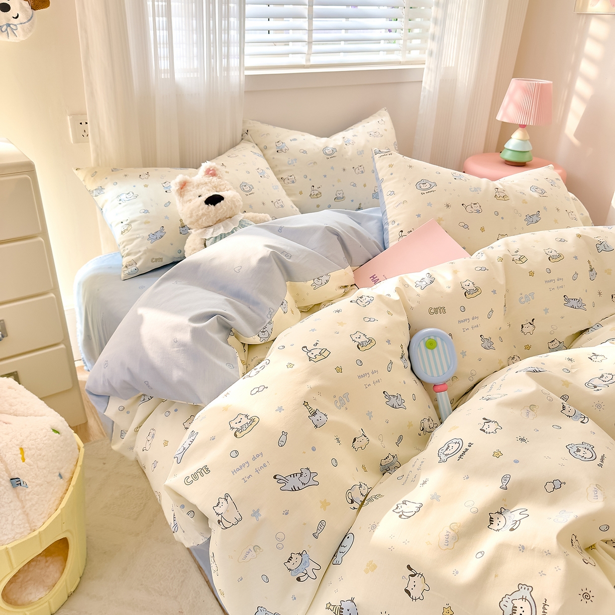 91家纺网 家纺一手货源 找家纺 DoDo 兜兜 2026春夏新款全棉纯棉可爱卡通四件套 机灵猫