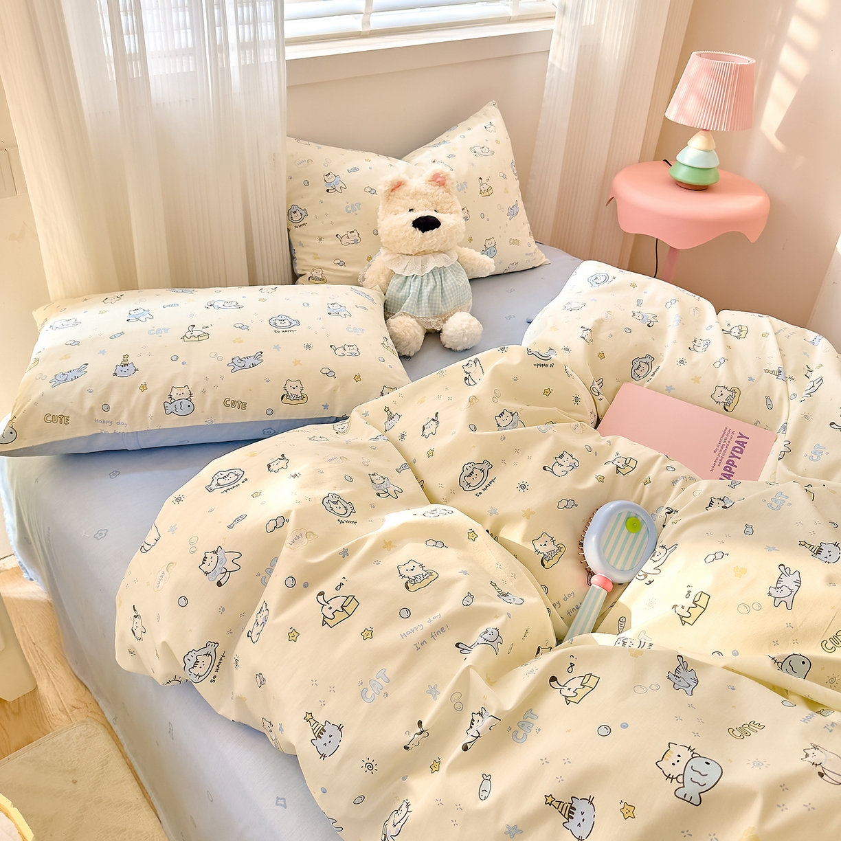 91家纺网 家纺一手货源 找家纺 DoDo 兜兜 2026春夏新款全棉纯棉可爱卡通四件套 机灵猫