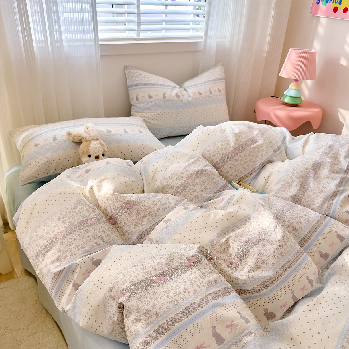 91家纺网 家纺一手货源 找家纺 DoDo 兜兜 2026春夏新款全棉纯棉可爱卡通四件套 薄荷小兔