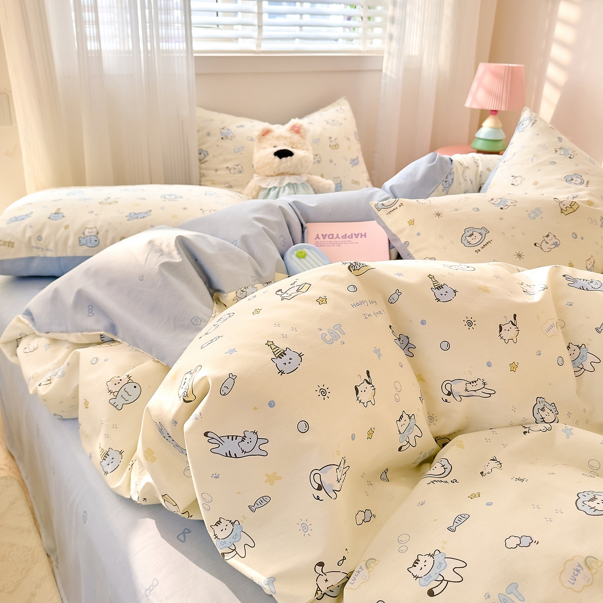 91家纺网 家纺一手货源 找家纺 DoDo 兜兜 2026春夏新款全棉纯棉可爱卡通四件套 机灵猫