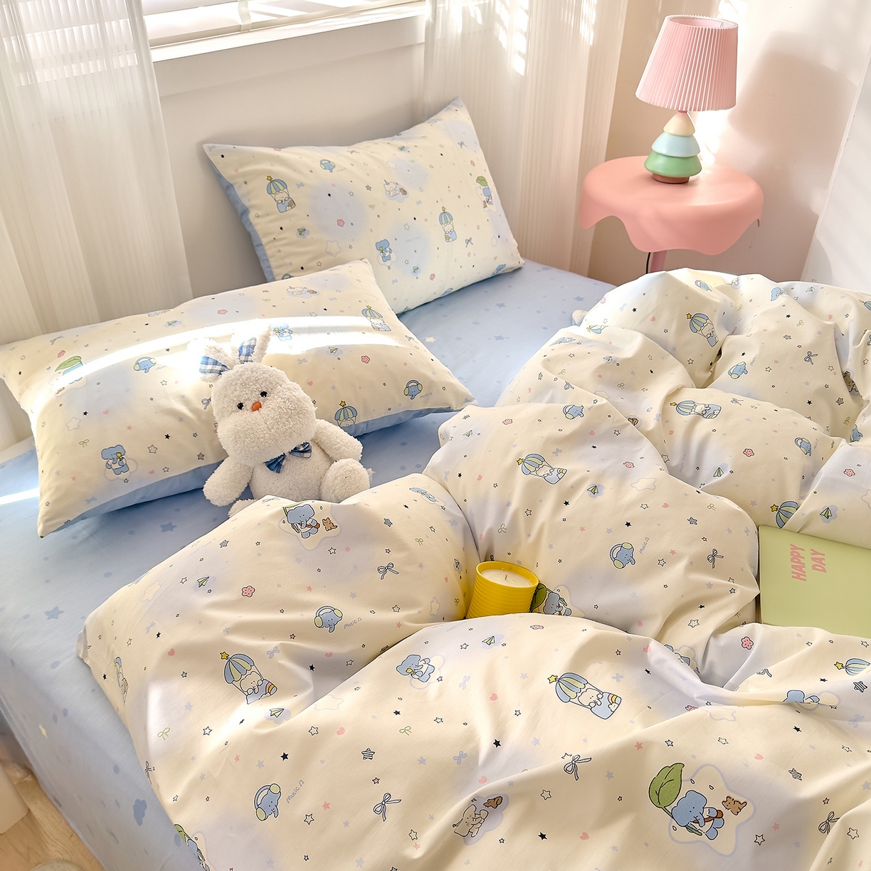 91家纺网 家纺一手货源 找家纺 DoDo 兜兜 2026春夏新款全棉纯棉可爱卡通四件套 蓝色小象