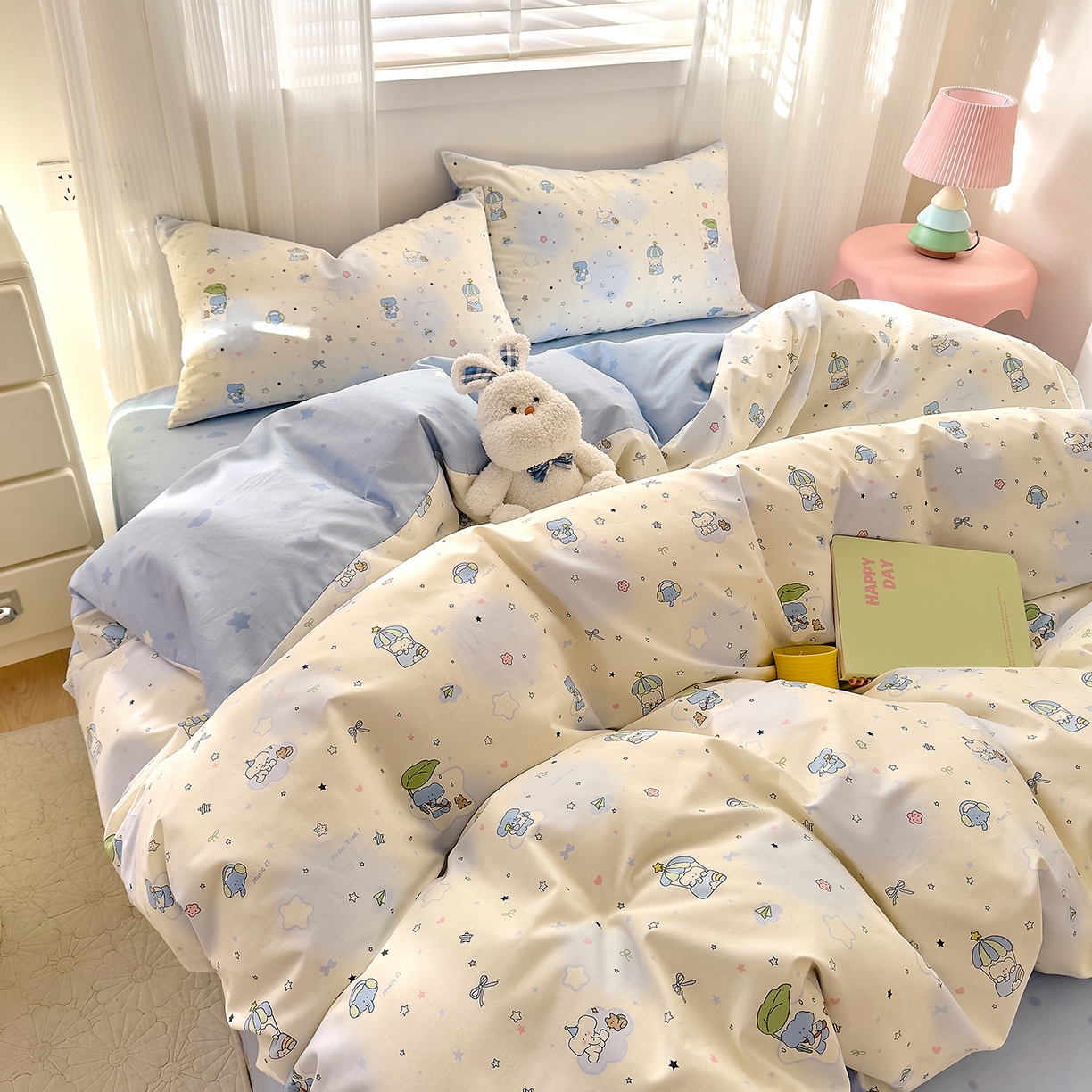 91家纺网 家纺一手货源 找家纺 DoDo 兜兜 2026春夏新款全棉纯棉可爱卡通四件套 蓝色小象