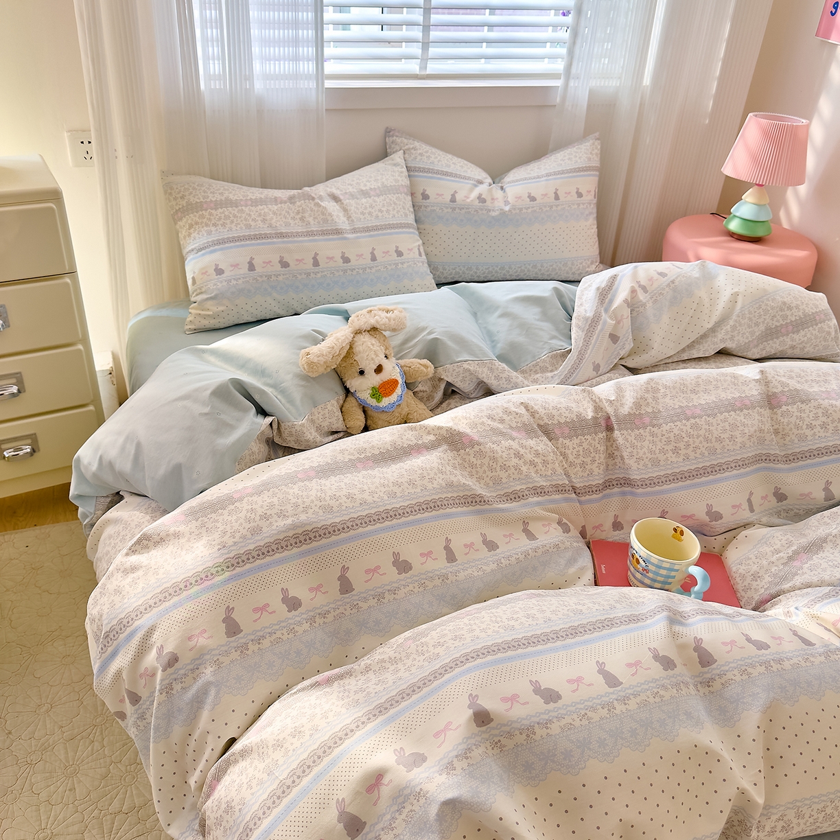 91家纺网 家纺一手货源 找家纺 DoDo 兜兜 2026春夏新款全棉纯棉可爱卡通四件套 薄荷小兔