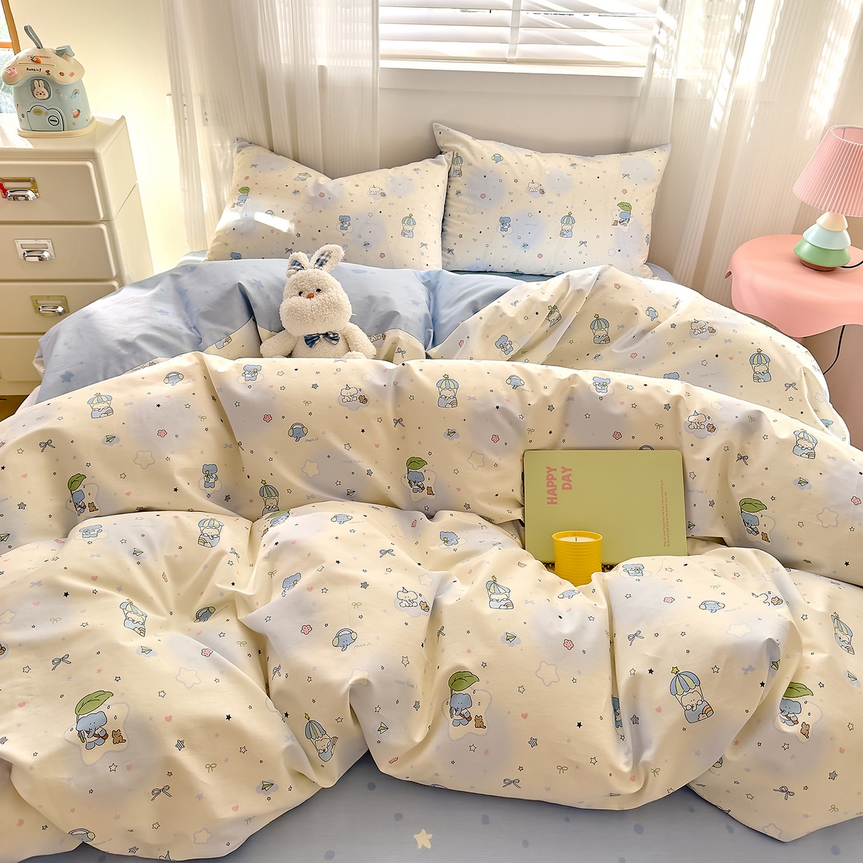 91家纺网 家纺一手货源 找家纺 DoDo 兜兜 2026春夏新款全棉纯棉可爱卡通四件套 蓝色小象