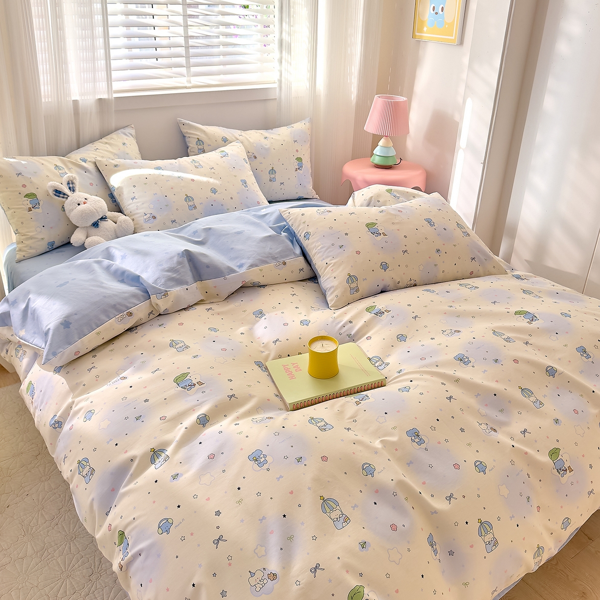 91家纺网 家纺一手货源 找家纺 DoDo 兜兜 2026春夏新款全棉纯棉可爱卡通四件套 蓝色小象