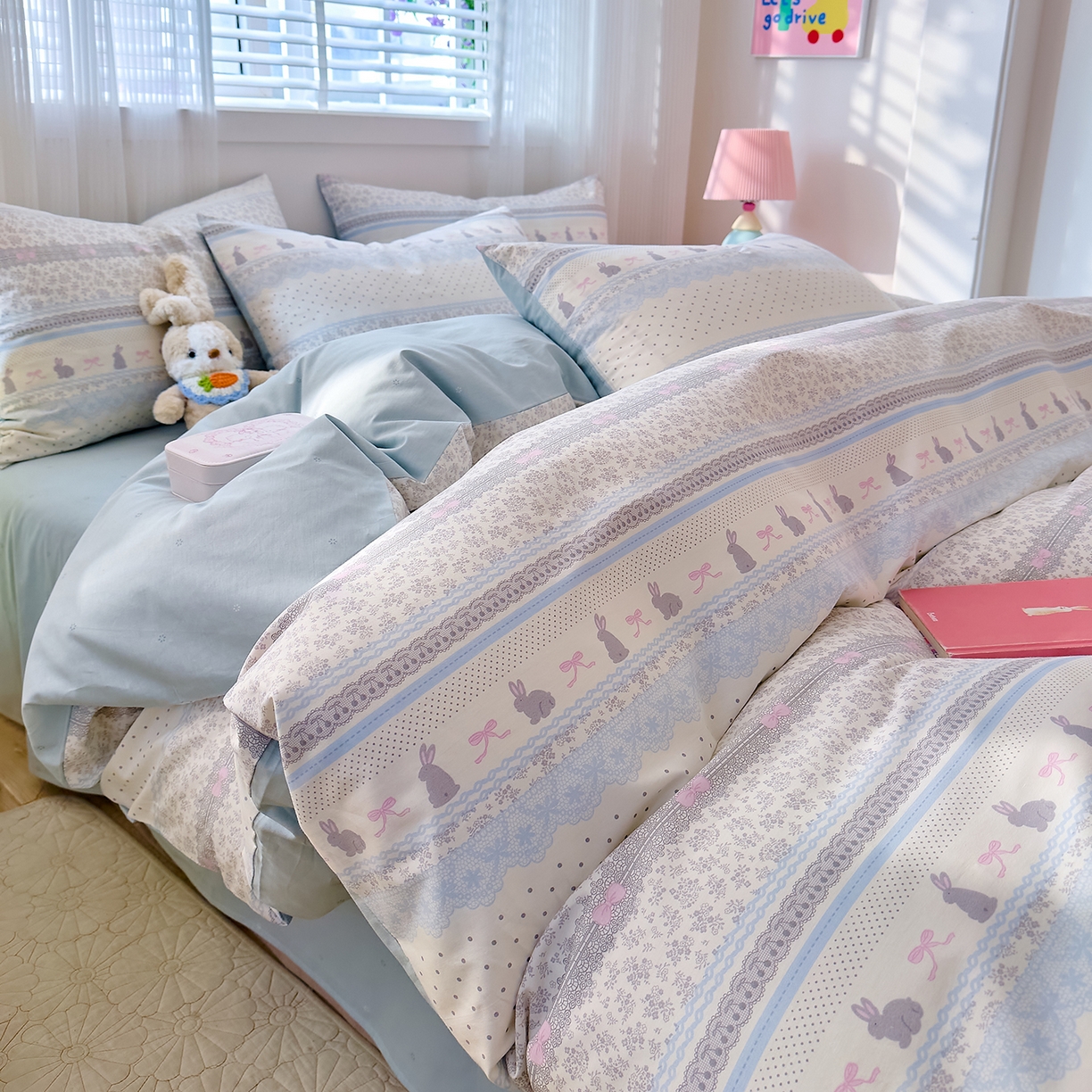 91家纺网 家纺一手货源 找家纺 DoDo 兜兜 2026春夏新款全棉纯棉可爱卡通四件套 薄荷小兔