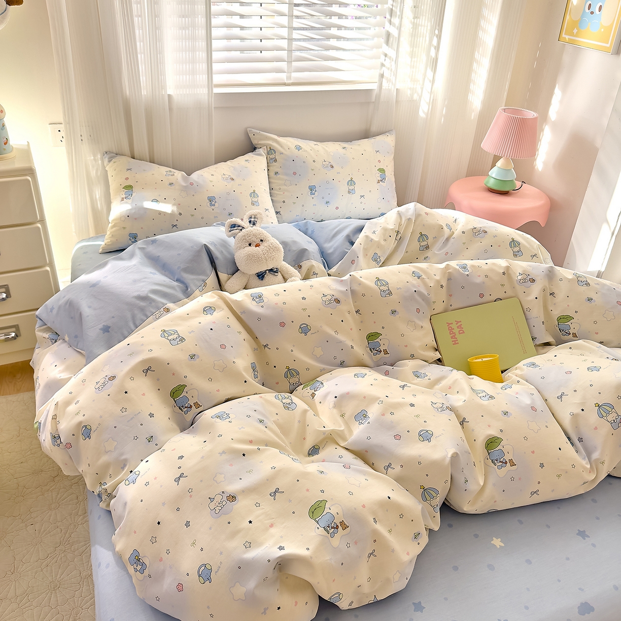 91家纺网 家纺一手货源 找家纺 DoDo 兜兜 2026春夏新款全棉纯棉可爱卡通四件套 蓝色小象