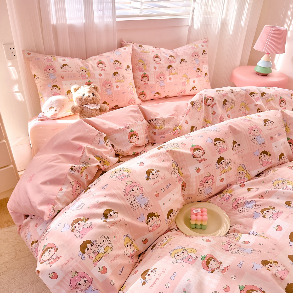 91家纺网 家纺一手货源 找家纺 DoDo 兜兜 2026春夏新款全棉纯棉可爱卡通四件套 棒棒糖女孩