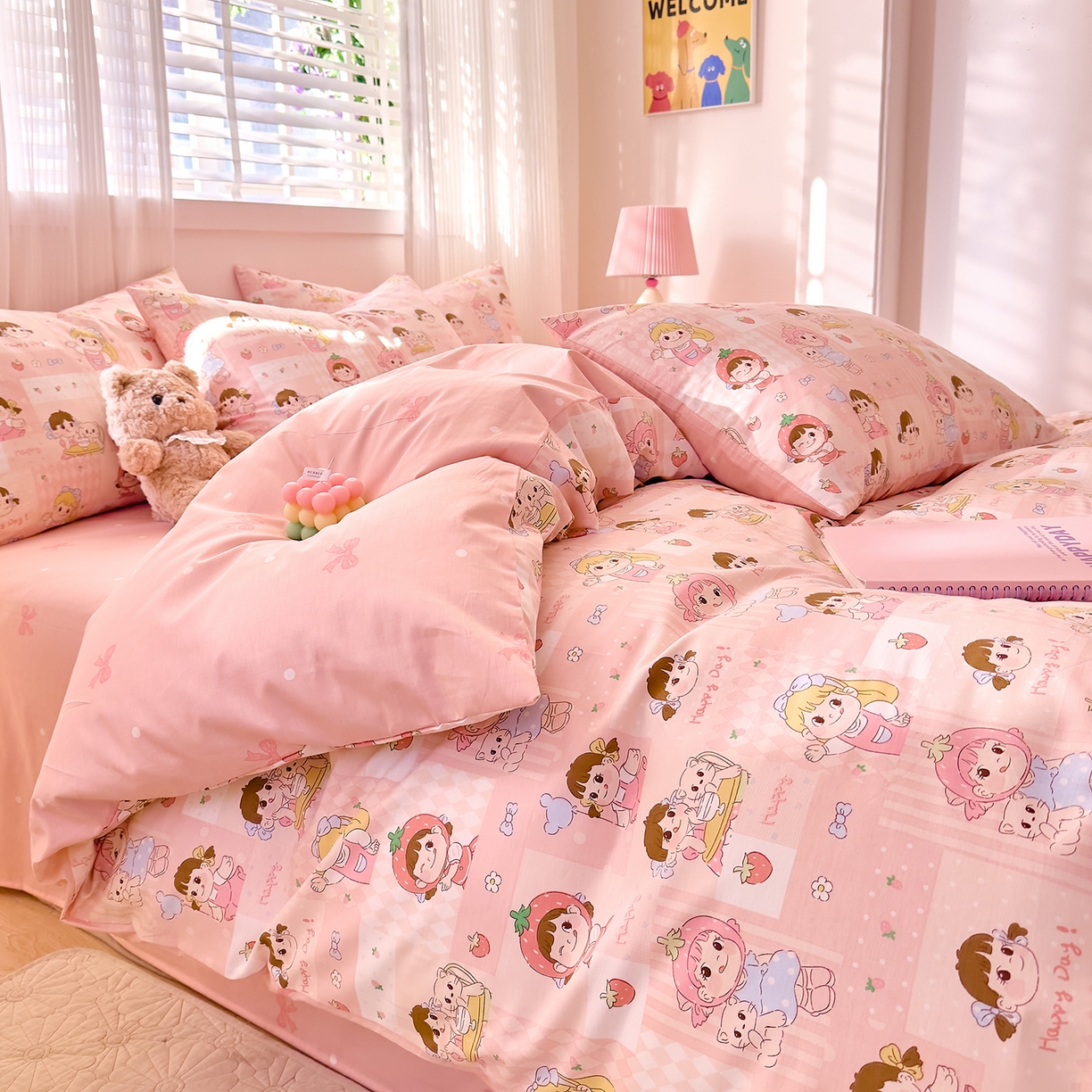 91家纺网 家纺一手货源 找家纺 DoDo 兜兜 2026春夏新款全棉纯棉可爱卡通四件套 棒棒糖女孩