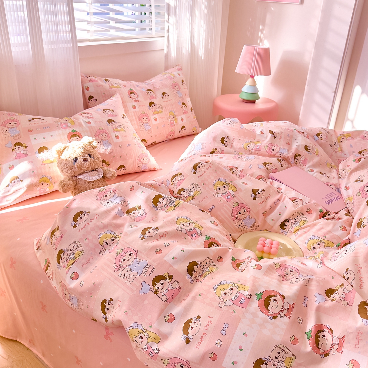 91家纺网 家纺一手货源 找家纺 DoDo 兜兜 2026春夏新款全棉纯棉可爱卡通四件套 棒棒糖女孩