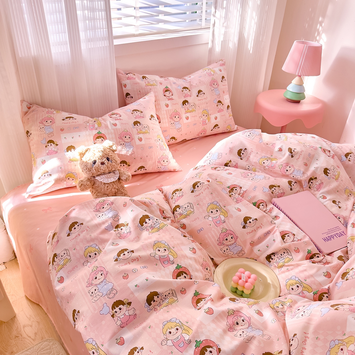 91家纺网 家纺一手货源 找家纺 DoDo 兜兜 2026春夏新款全棉纯棉可爱卡通四件套 棒棒糖女孩