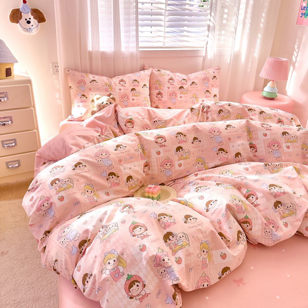 91家纺网 家纺一手货源 找家纺 DoDo 兜兜 2026春夏新款全棉纯棉可爱卡通四件套 棒棒糖女孩