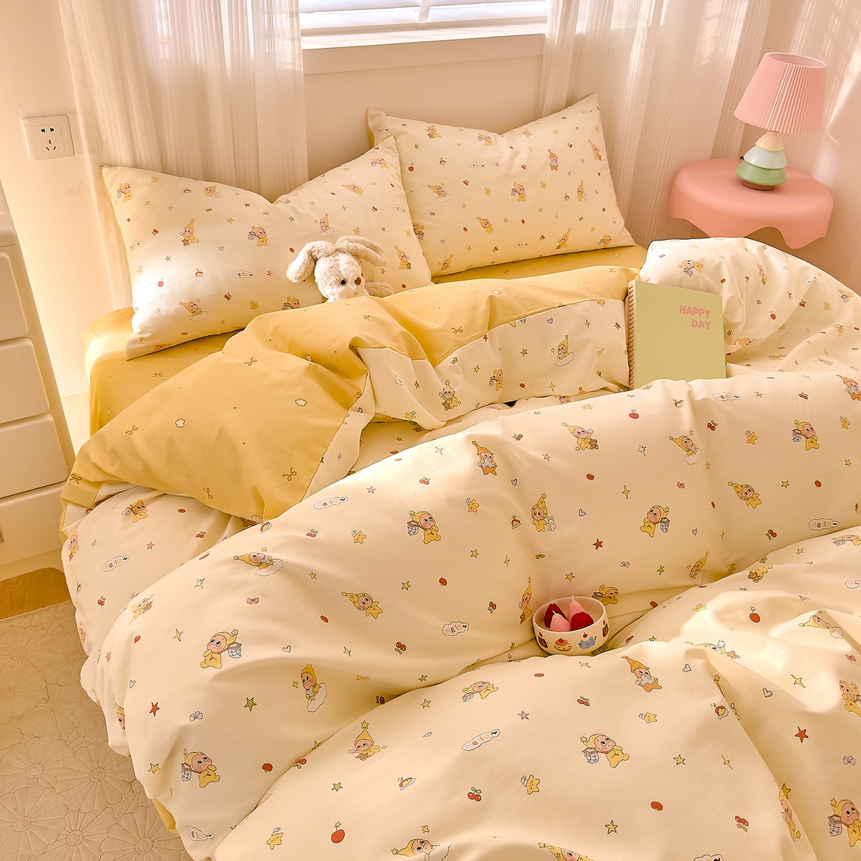 91家纺网 家纺一手货源 找家纺 DoDo 兜兜 2026春夏新款全棉纯棉可爱卡通四件套 可爱星人-白