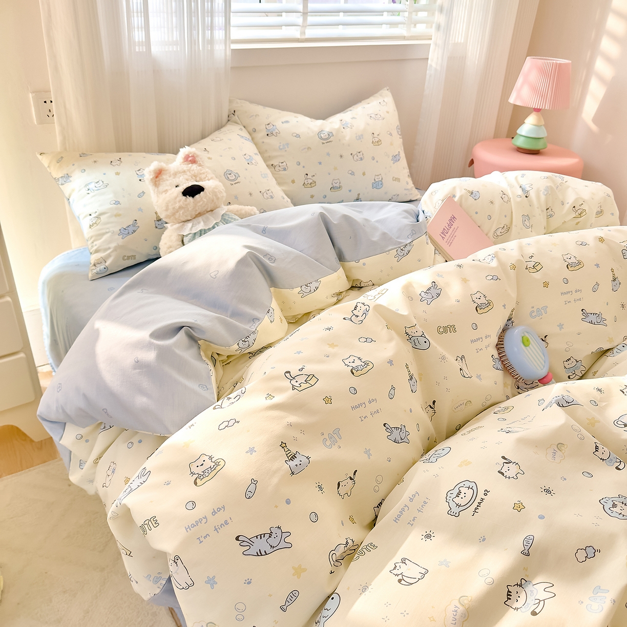 91家纺网 家纺一手货源 找家纺 DoDo 兜兜 2026春夏新款全棉纯棉可爱卡通四件套 机灵猫