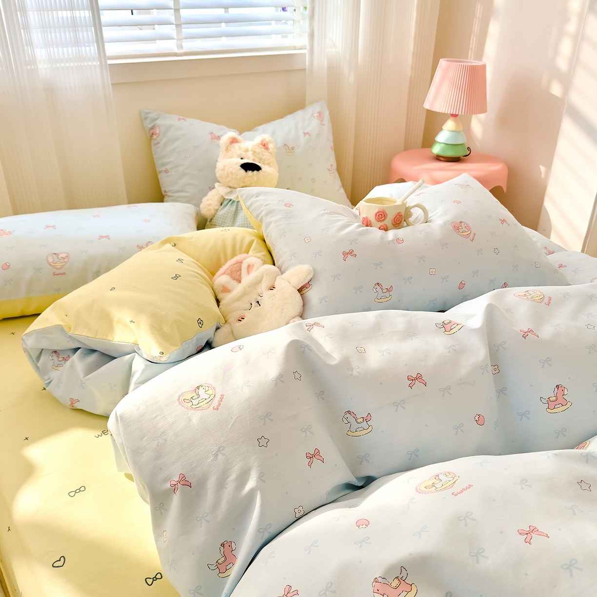 91家纺网 家纺一手货源 找家纺 DoDo 兜兜 2026春夏新款全棉纯棉可爱卡通四件套 草莓小马-蓝