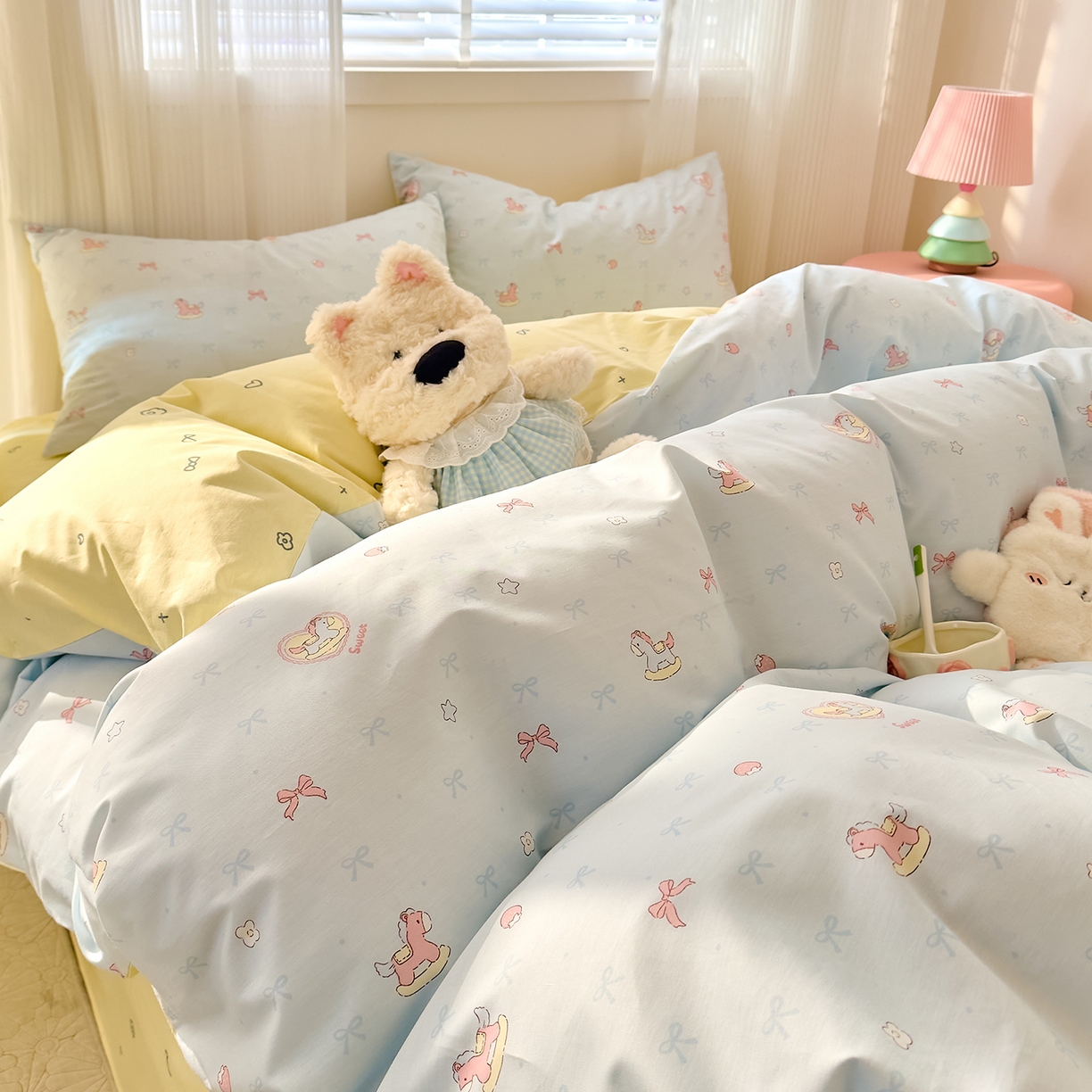 91家纺网 家纺一手货源 找家纺 DoDo 兜兜 2026春夏新款全棉纯棉可爱卡通四件套 草莓小马-蓝