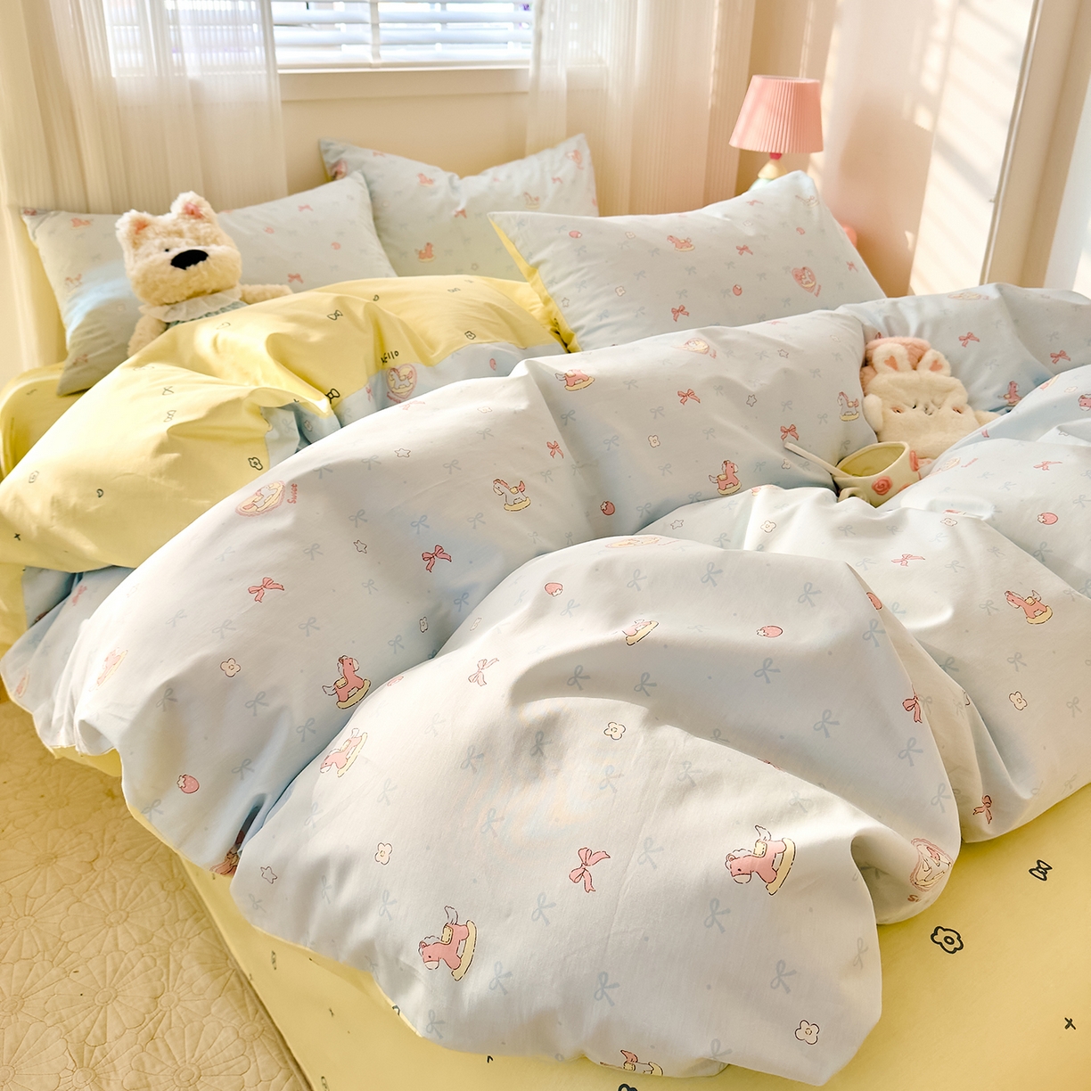 91家纺网 家纺一手货源 找家纺 DoDo 兜兜 2026春夏新款全棉纯棉可爱卡通四件套 草莓小马-蓝