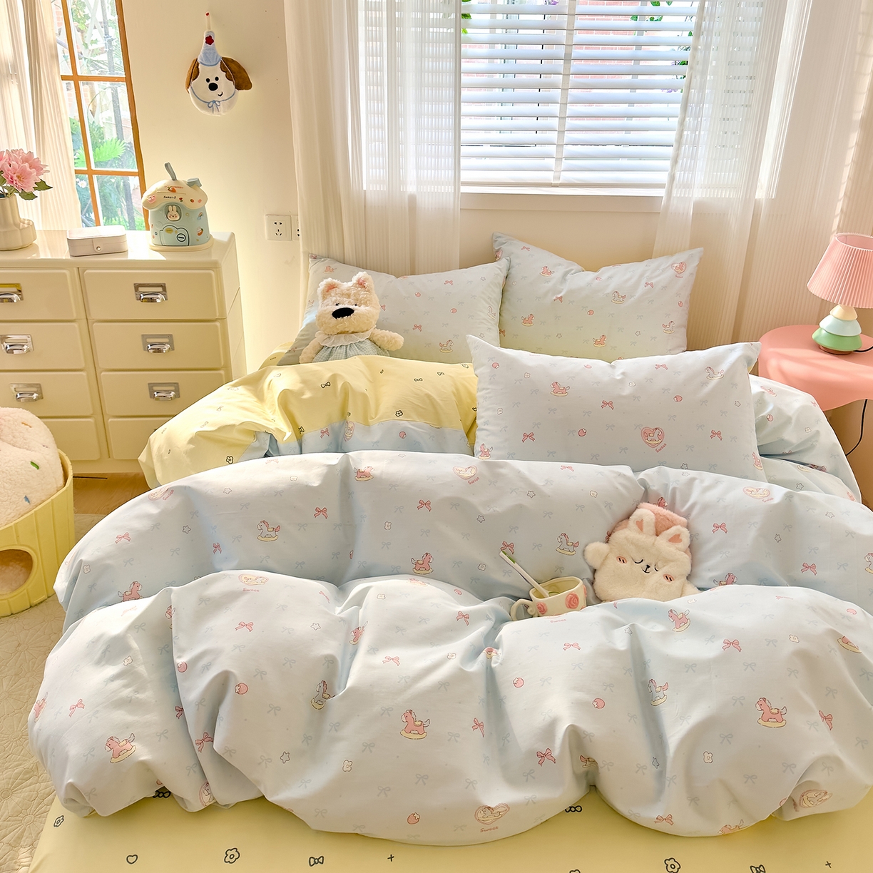 91家纺网 家纺一手货源 找家纺 DoDo 兜兜 2026春夏新款全棉纯棉可爱卡通四件套 草莓小马-蓝