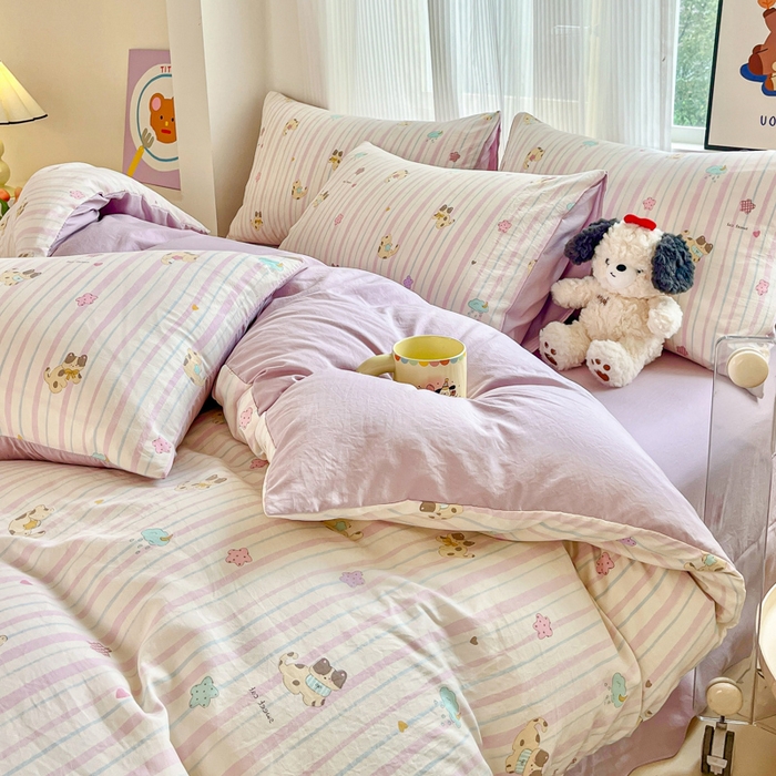 91家纺网 家纺一手货源 找家纺 斯卡诺家纺 2026新款春夏古法水洗仿棉云感纱四件套小布袋五件套 喵星人