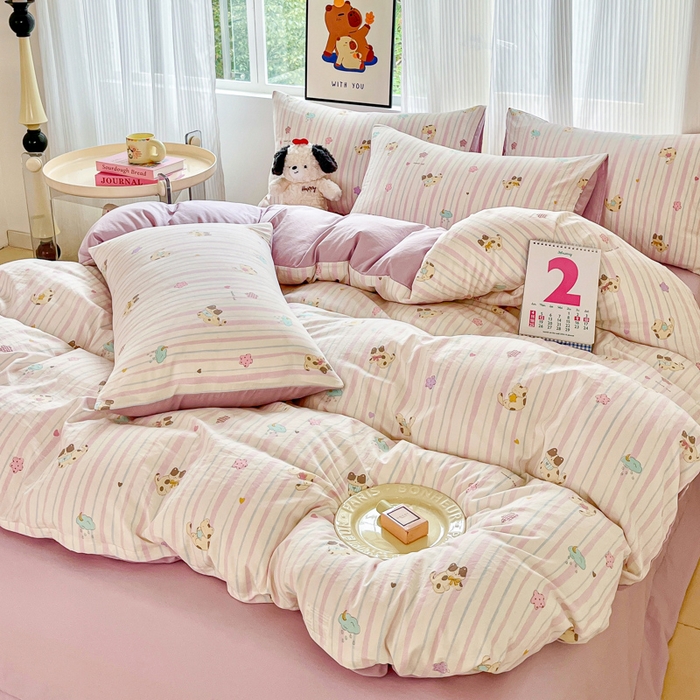 91家纺网 家纺一手货源 找家纺 斯卡诺家纺 2026新款春夏古法水洗仿棉云感纱四件套小布袋五件套 喵星人