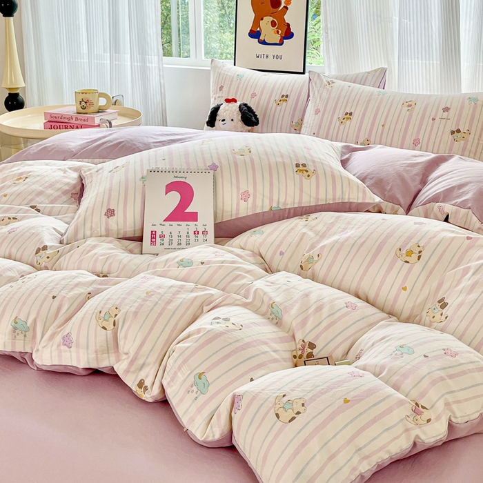 91家纺网 家纺一手货源 找家纺 斯卡诺家纺 2026新款春夏古法水洗仿棉云感纱四件套小布袋五件套 喵星人