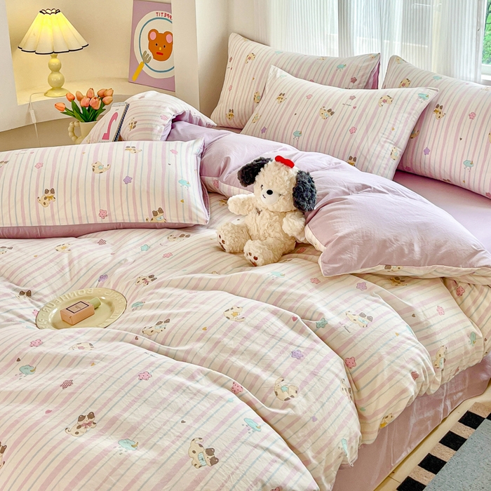 91家纺网 家纺一手货源 找家纺 斯卡诺家纺 2026新款春夏古法水洗仿棉云感纱四件套小布袋五件套 喵星人