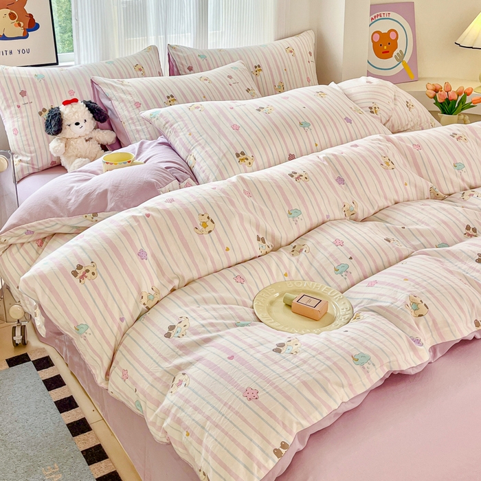 91家纺网 家纺一手货源 找家纺 斯卡诺家纺 2026新款春夏古法水洗仿棉云感纱四件套小布袋五件套 喵星人