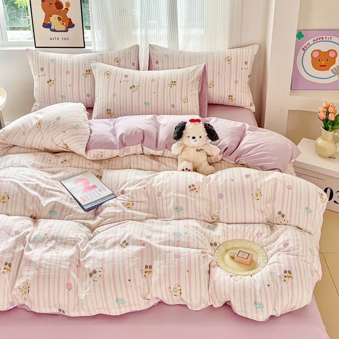 91家纺网 家纺一手货源 找家纺 斯卡诺家纺 2026新款春夏古法水洗仿棉云感纱四件套小布袋五件套 喵星人