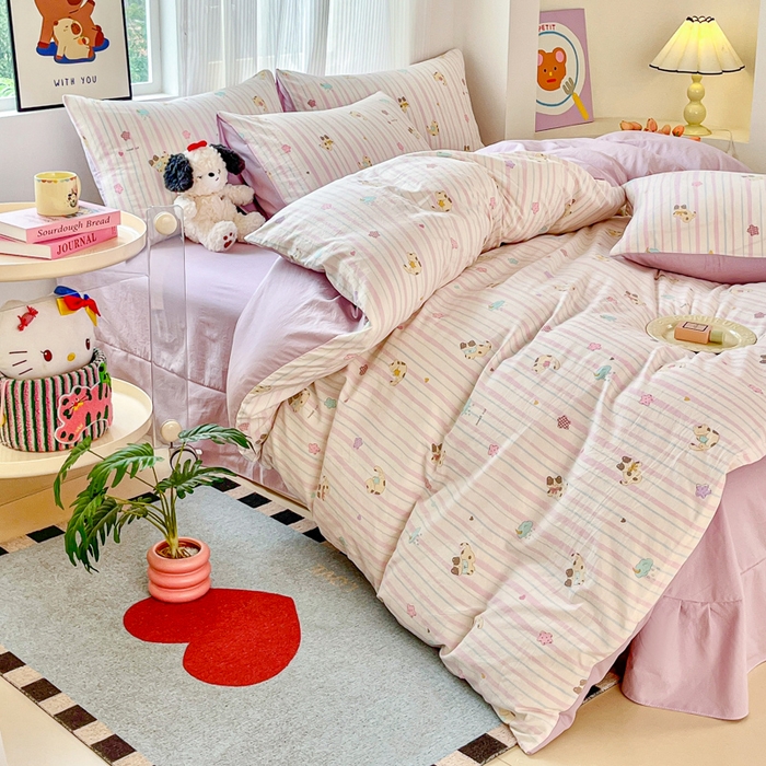 91家纺网 家纺一手货源 找家纺 斯卡诺家纺 2026新款春夏古法水洗仿棉云感纱四件套小布袋五件套 喵星人