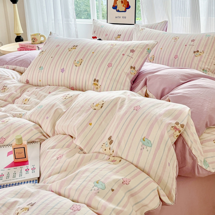 91家纺网 家纺一手货源 找家纺 斯卡诺家纺 2026新款春夏古法水洗仿棉云感纱四件套小布袋五件套 喵星人