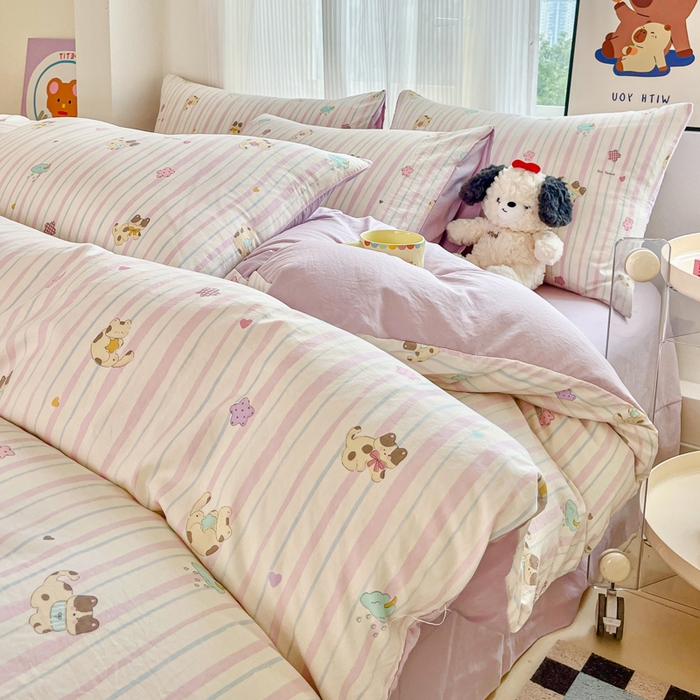 91家纺网 家纺一手货源 找家纺 斯卡诺家纺 2026新款春夏古法水洗仿棉云感纱四件套小布袋五件套 喵星人