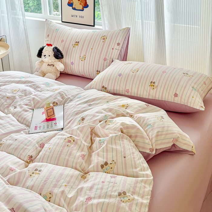 91家纺网 家纺一手货源 找家纺 斯卡诺家纺 2026新款春夏古法水洗仿棉云感纱四件套小布袋五件套 喵星人